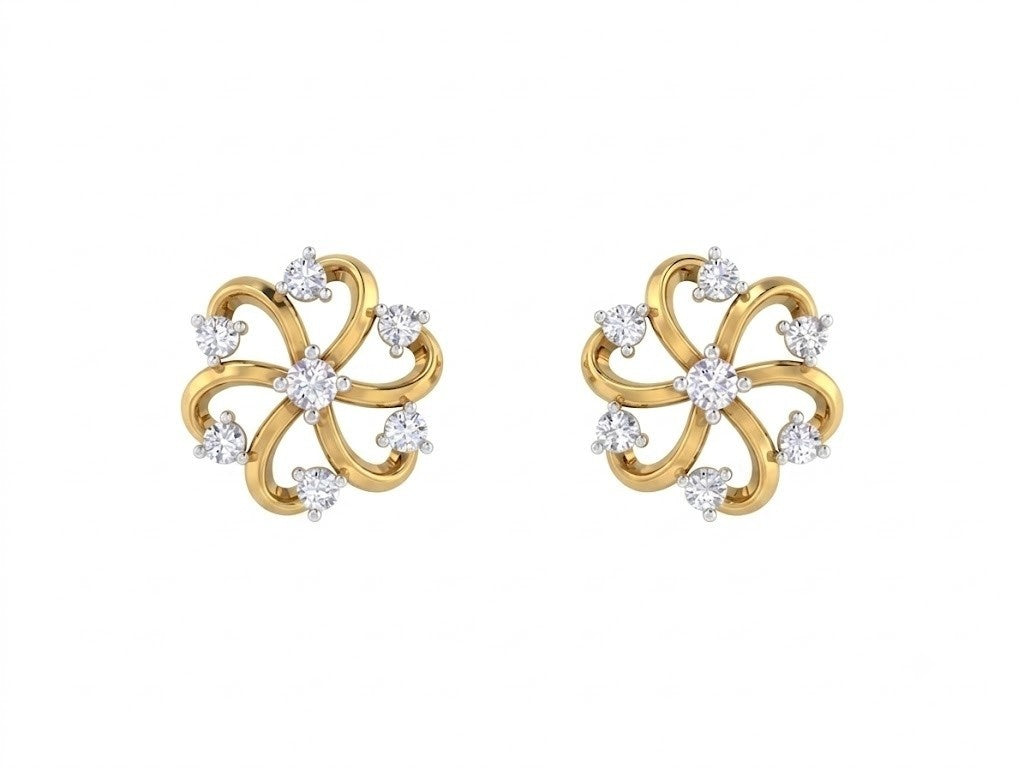 Yellow gold stud earrings with floral-design on a white background