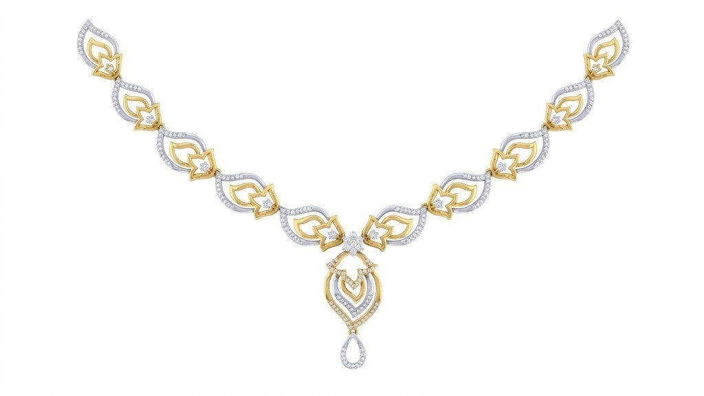 A yellow gold and diamond necklace featuring a leaf motifs, shown on a plain white background.