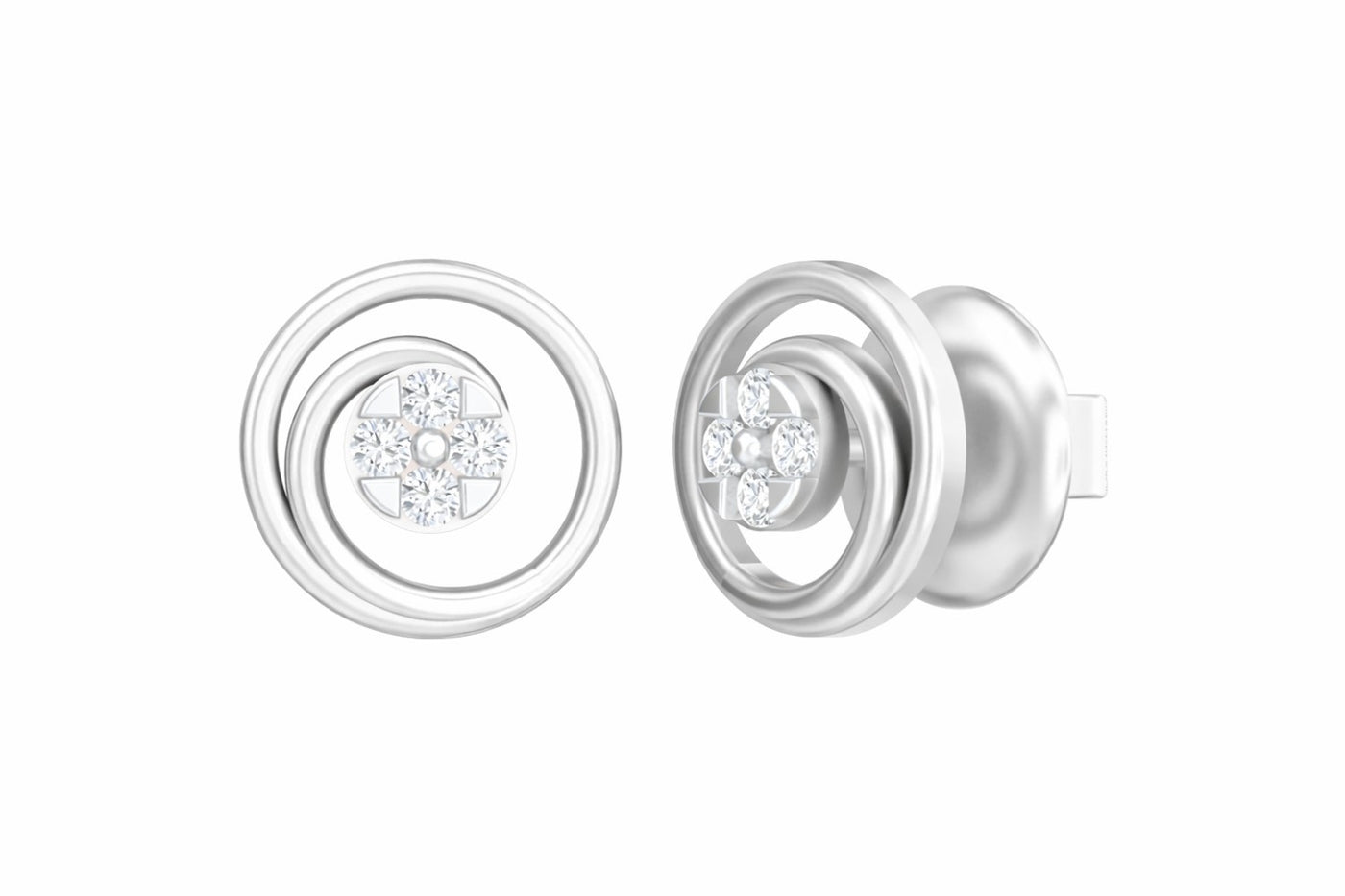 White gold and diamond round-shaped earrings on a white background