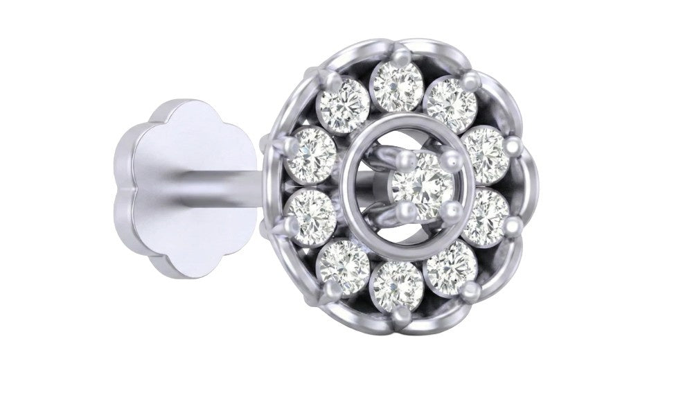 white gold and diamond stud nose pin with a circular design on a white background