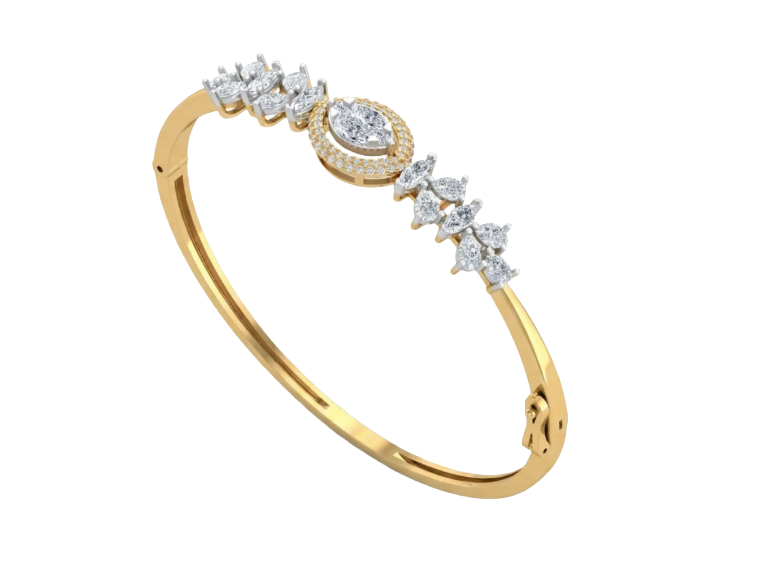 Gold bangle bracelet featuring a central marquise diamond halo surrounded by cascading diamond clusters."