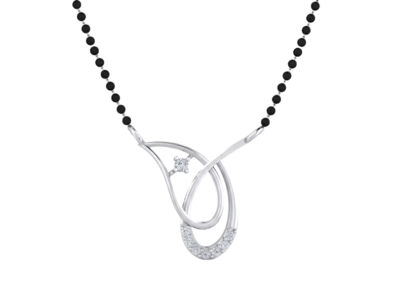 Mangalsutra with black beaded chain and diamond interlocking loops on a white background