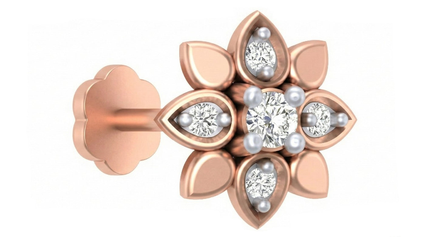 rose gold and diamond stud nose pin with diamonds on a white background