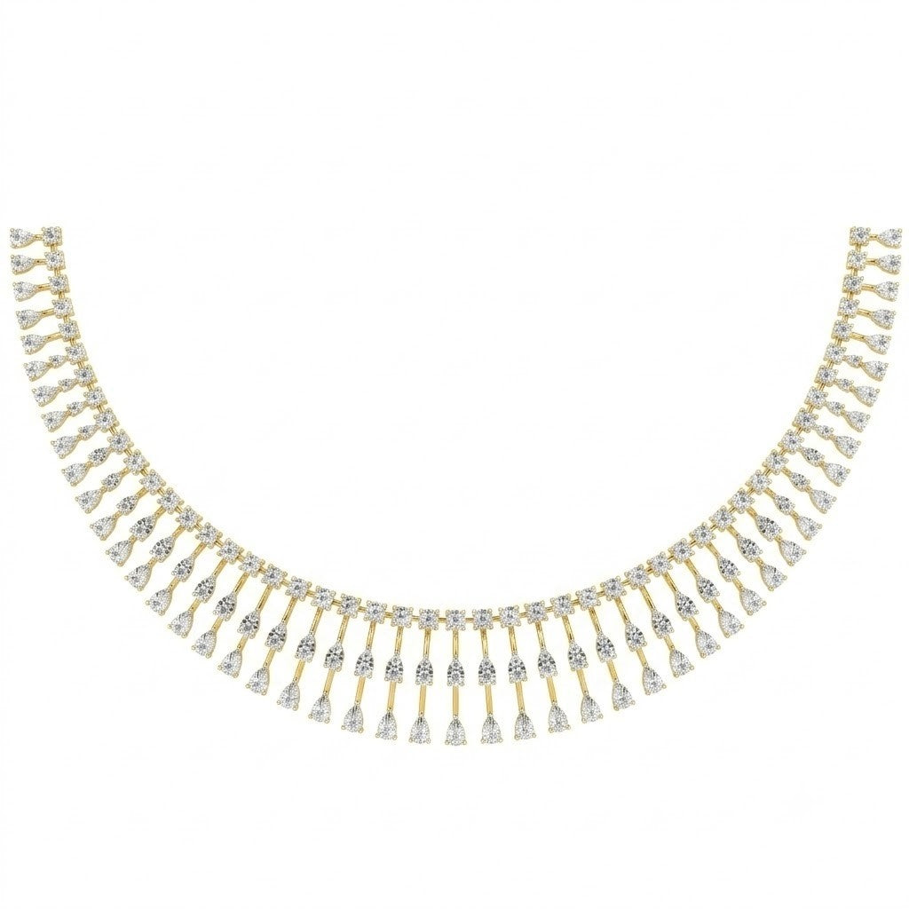 A yellow gold and diamond necklace featuring multiple rows of teardrop-shaped diamonds, displayed against a solid white background.