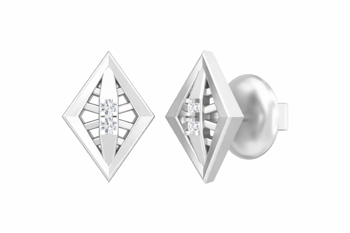 White Gold and diamond dailywear stud earrings on a white background.