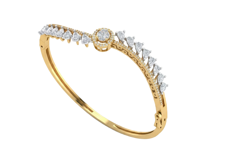 Yellow gold bangle bracelet with round halo diamond centerpiece and pear-cut diamond accents.
