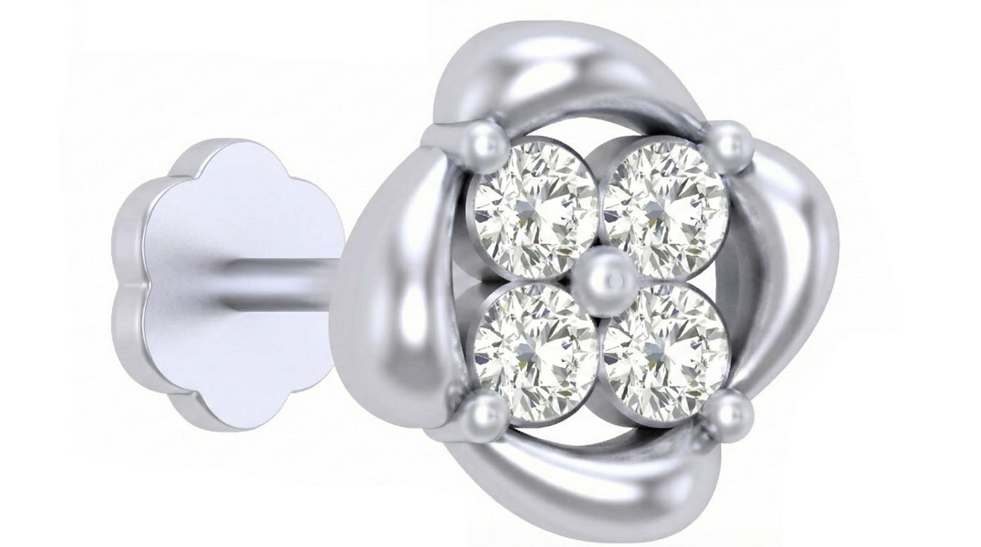 white gold and diamond stud nose pin on a white background