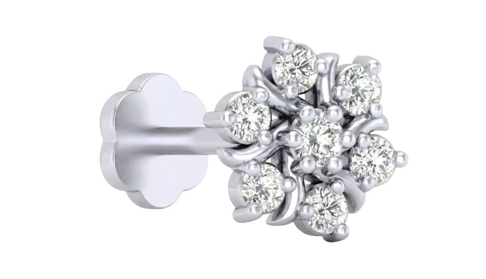 white gold and diamond stud nose pin with clear gemstones on a white  background