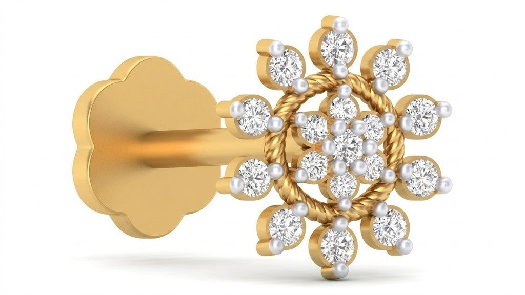 Yellow Gold nosepin with diamond-like stones on a white background