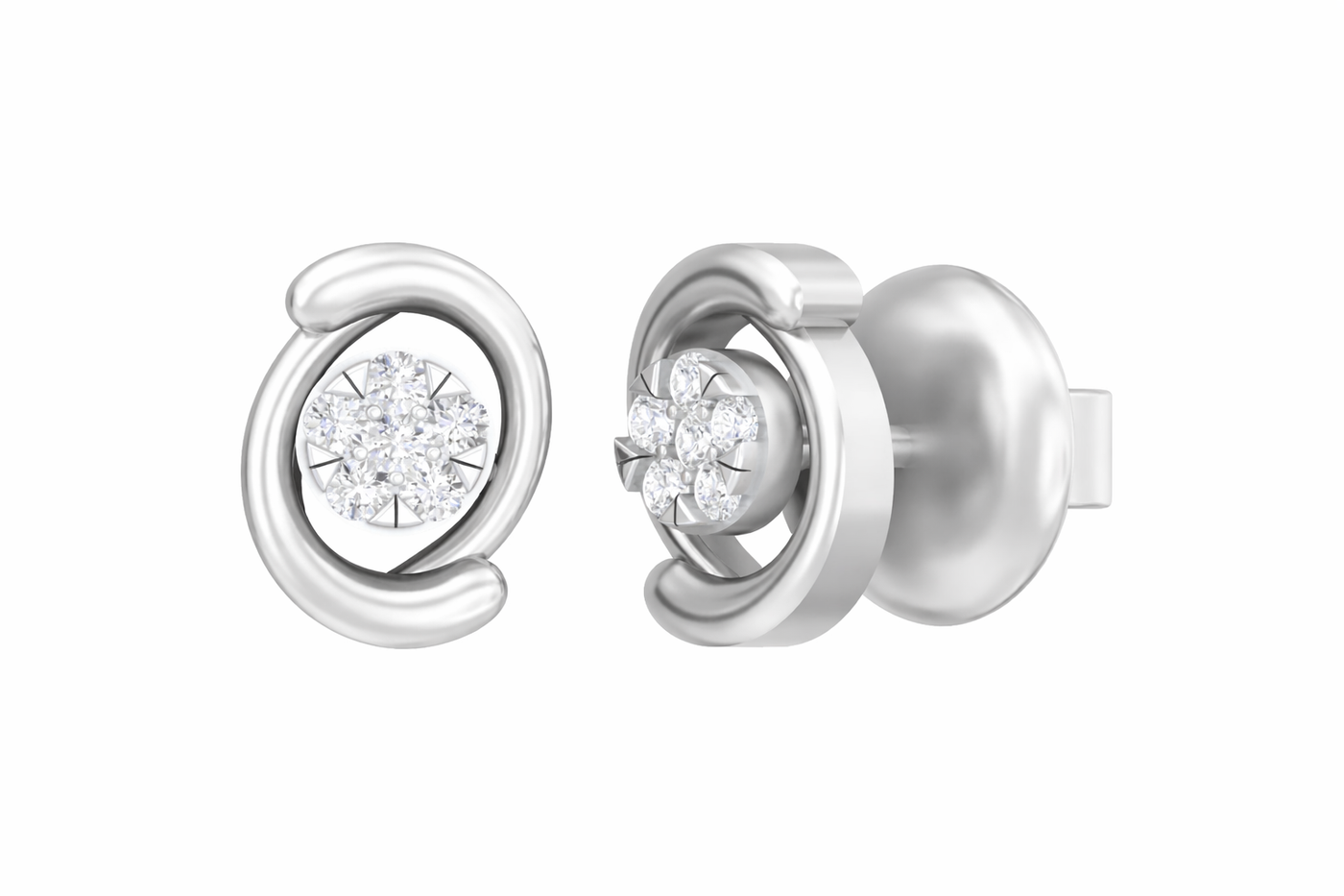 White gold and diamond stud earrings on a white background