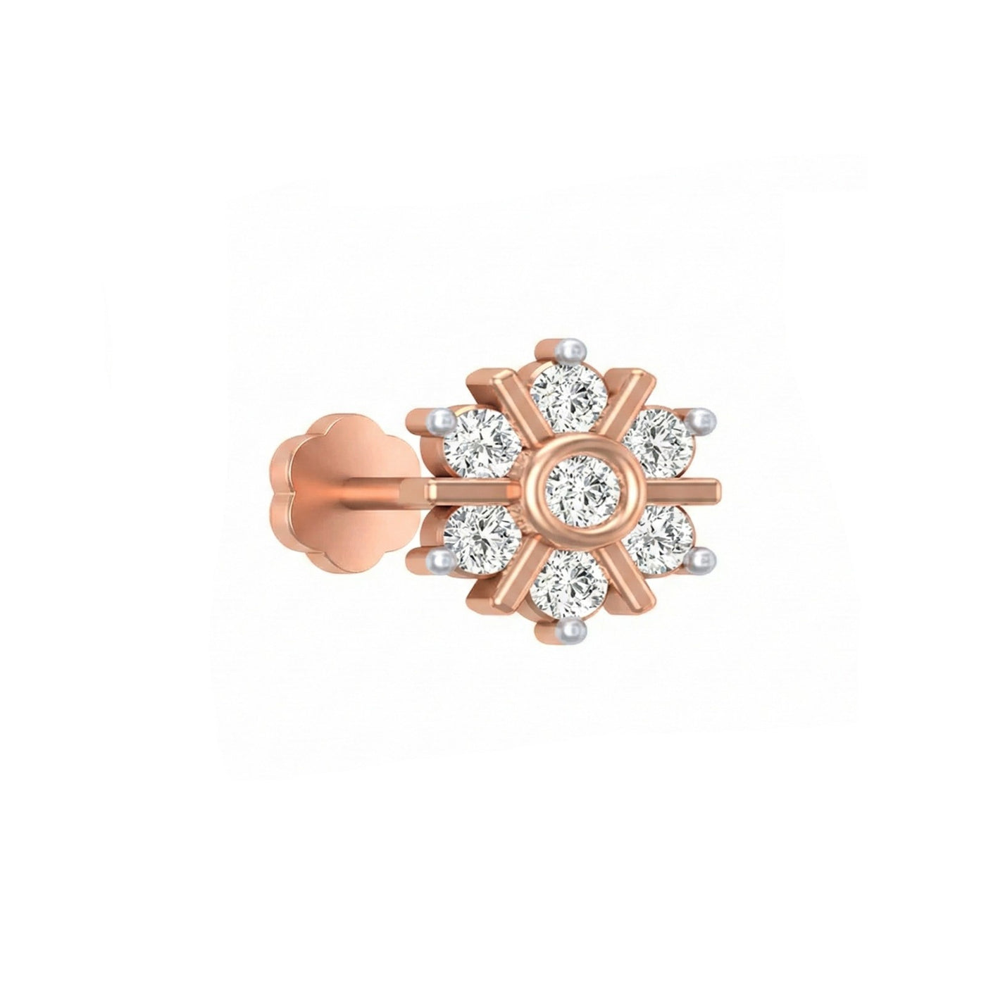 rose gold and diamond stud nose pin with diamond accents on a white background
