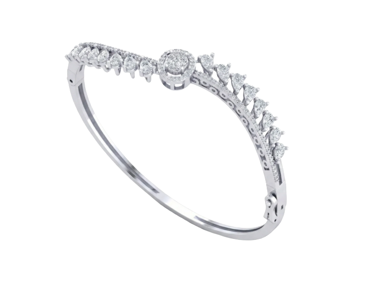 White gold bangle bracelet with round halo diamond centerpiece and pear-cut diamond accents.