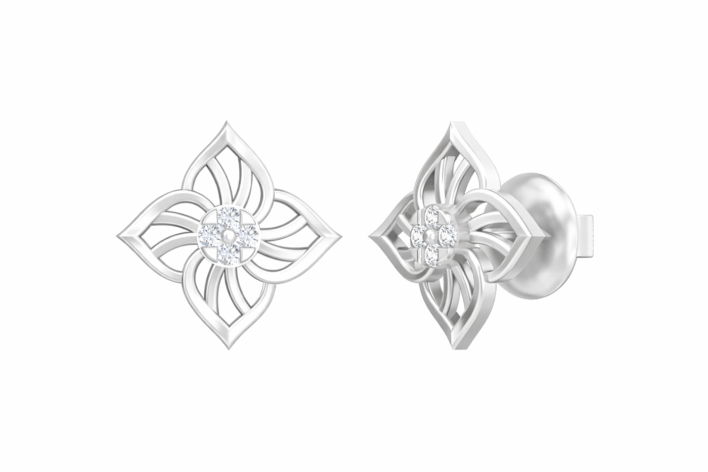 White gold and diamond floral stud earrings  on a white background.