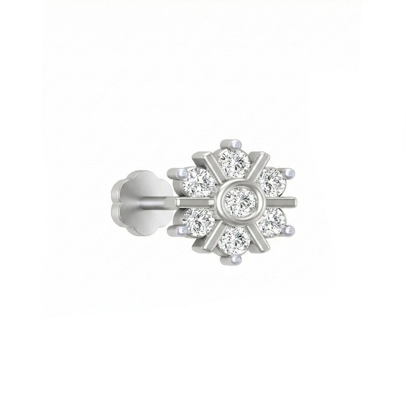 white gold and diamond stud nose pin with diamond accents on a white background