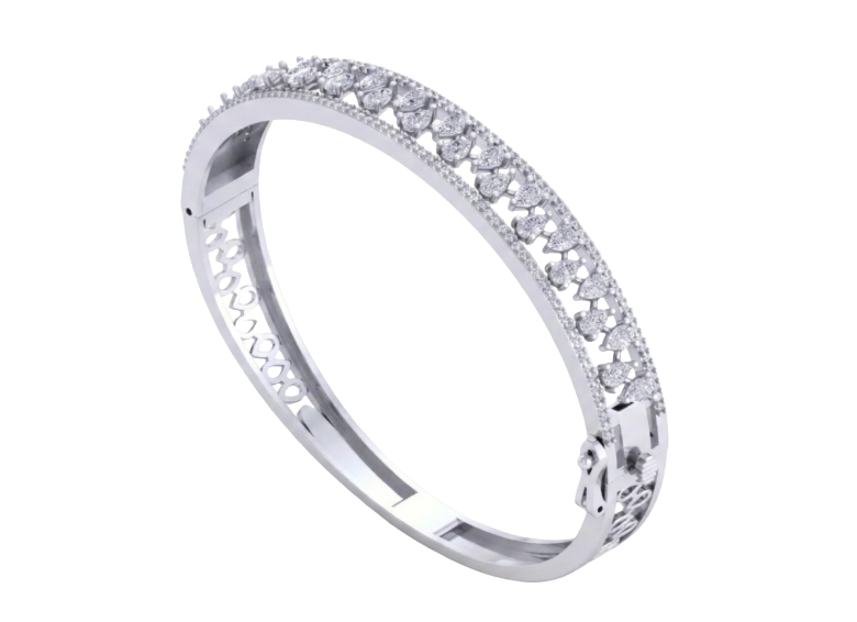 White Gold bangle bracelet with marquise diamond row, pavé border and decorative filigree inner band.