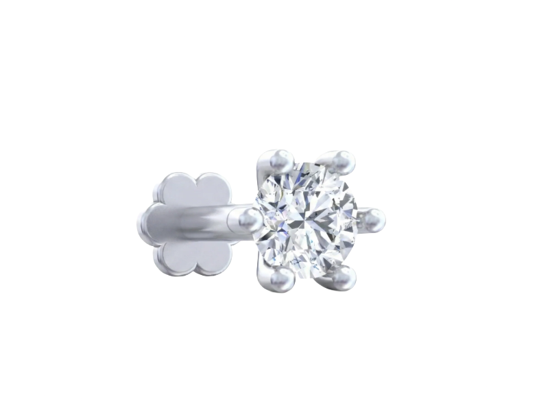White Gold and diamond stud nose pin on a white background