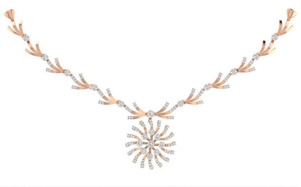 A rose gold and diamond necklace featuring a central sunburst with radiating diamond-like stones, on a plain white background.