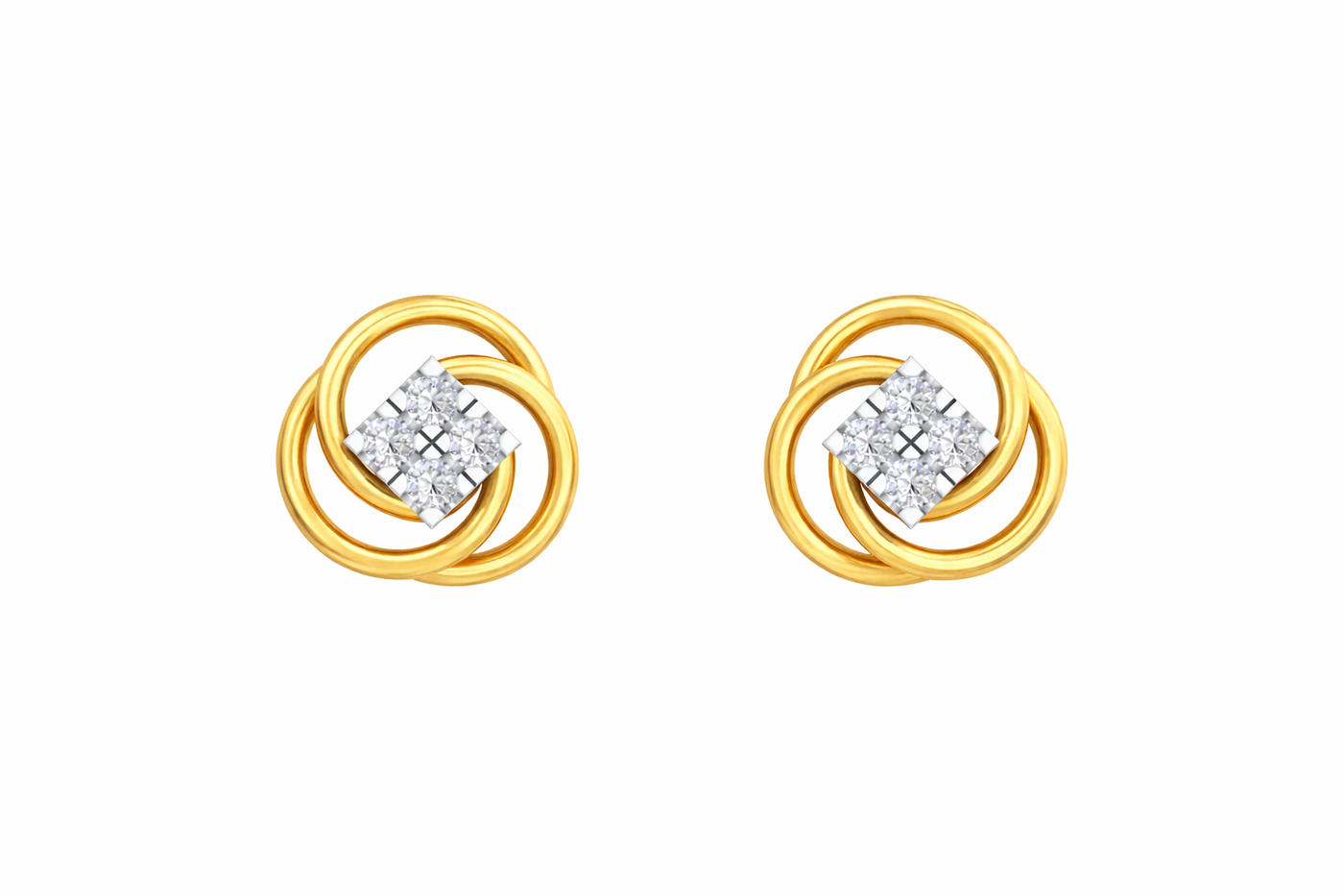 Yellow gold and diamond floral stud earrings on a white background.