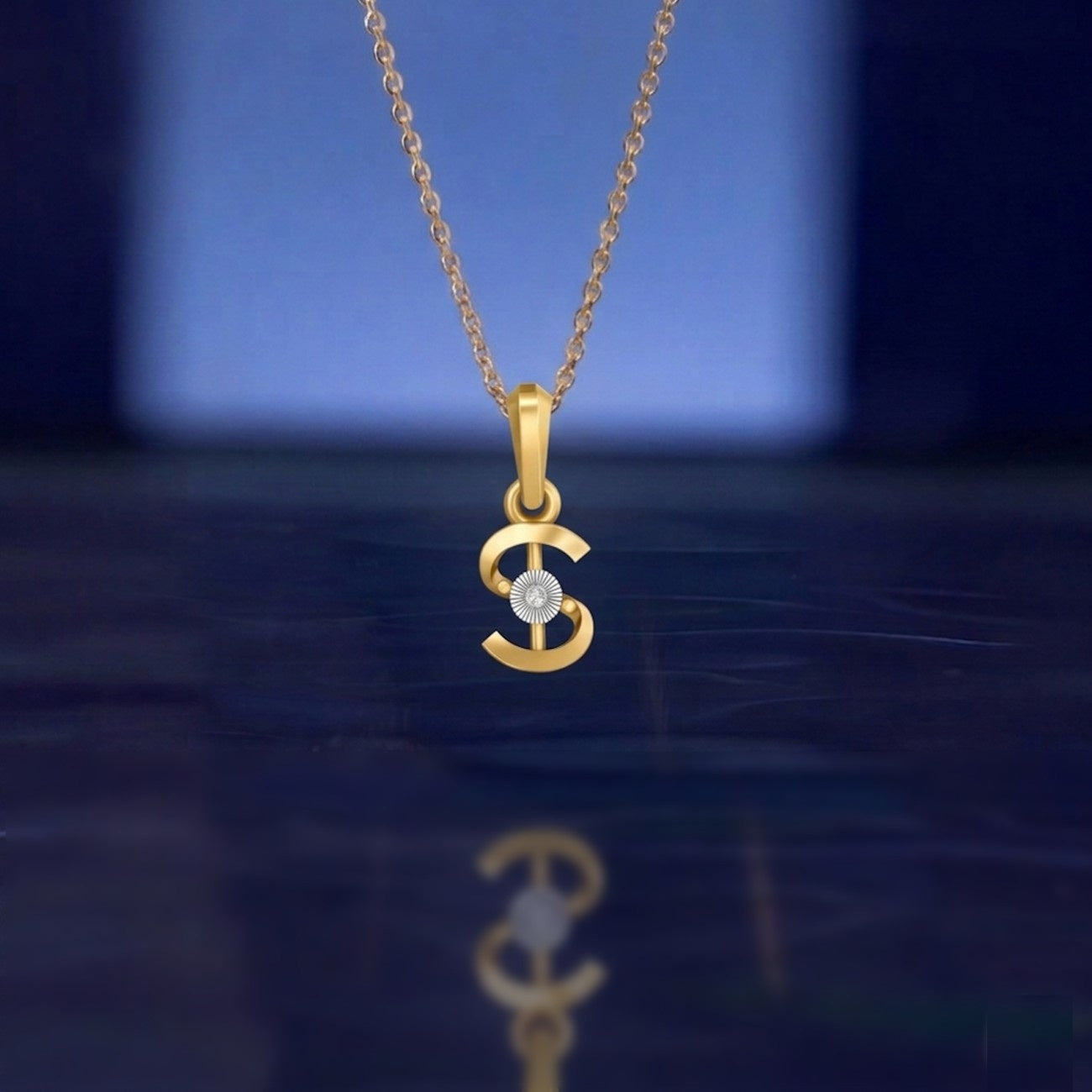 18K white gold letter S pendant featuring a sparkling diamond accent at the center on a clean white background.