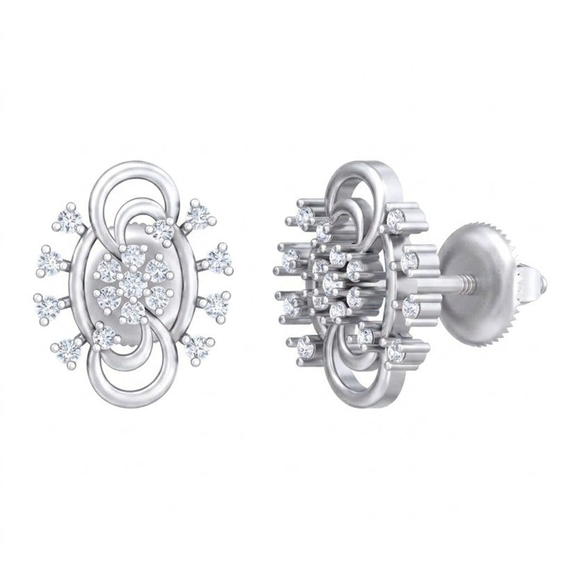 White gold and diamond stud earring with floral-design on a white background.