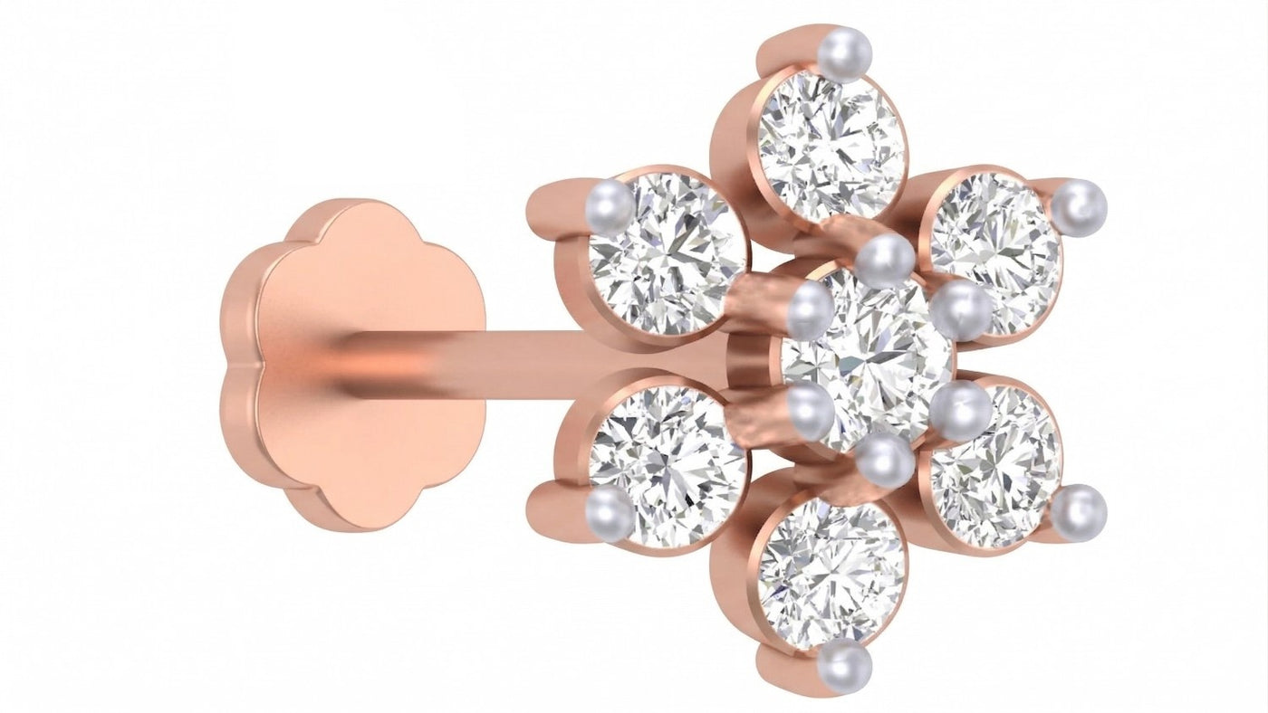 rose gold and diamond stud nose pin on a white background