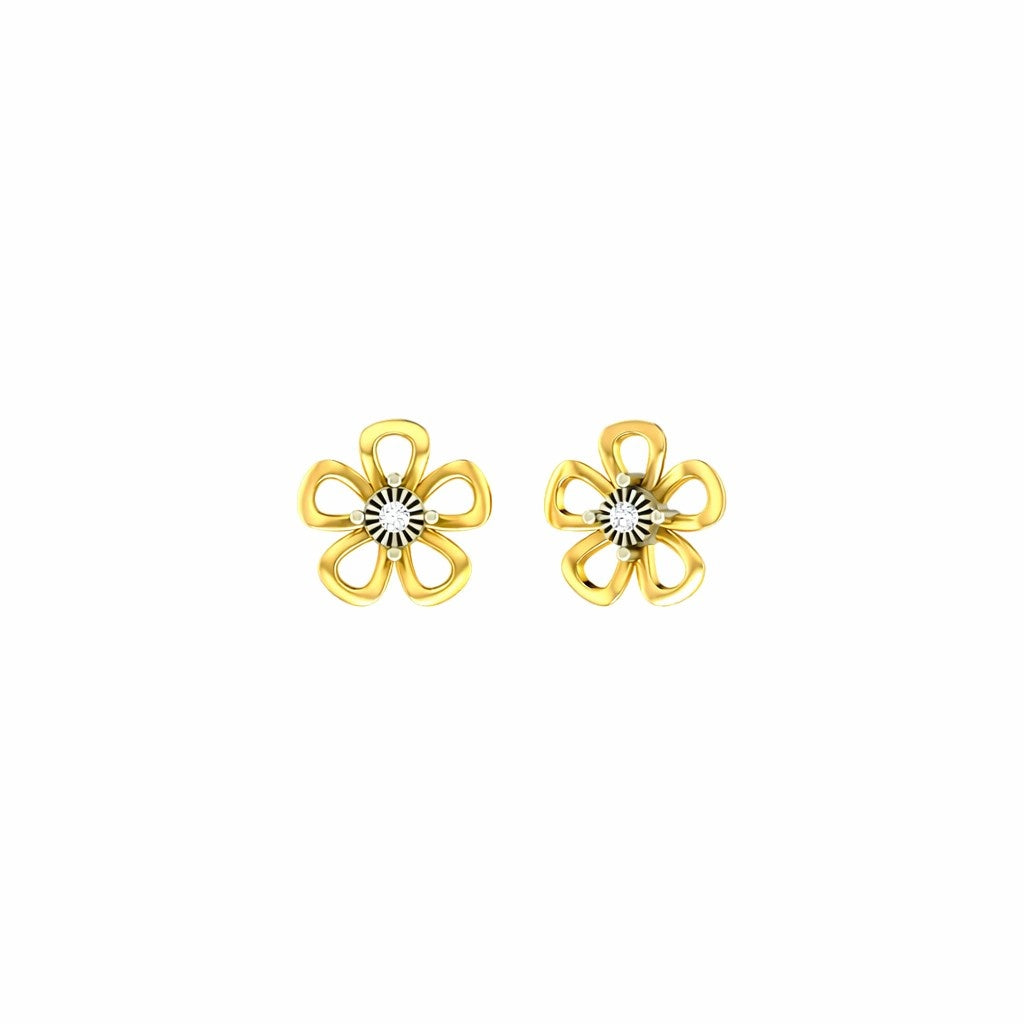 Yellow gold and diamond floral stud earring on a white backgound.