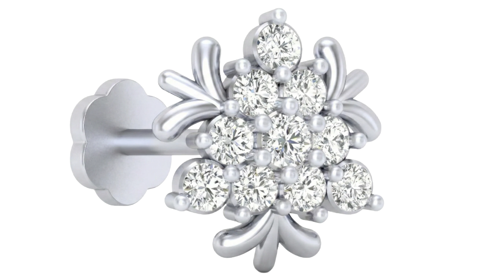 White gold and diamond nose pin-like stones on a white background