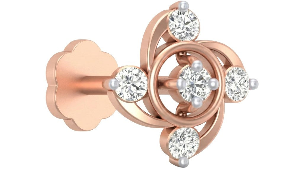 rose gold and diamond pin with clear gemstones on a white background