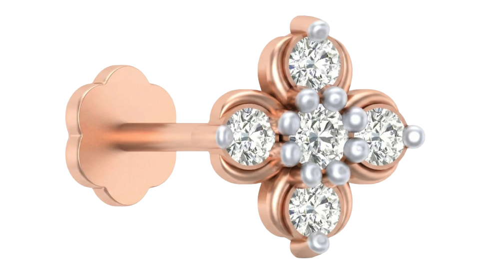 Rose Gold and diamond stud nose pin with diamonds on a white background