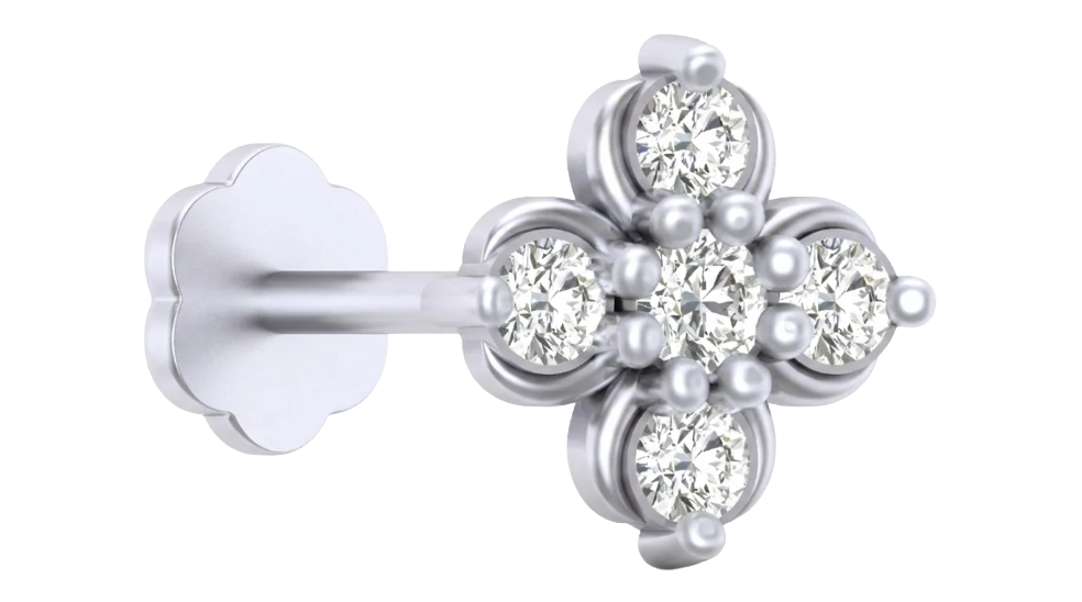 White Gold and diamond stud nose pin with diamonds on a white background