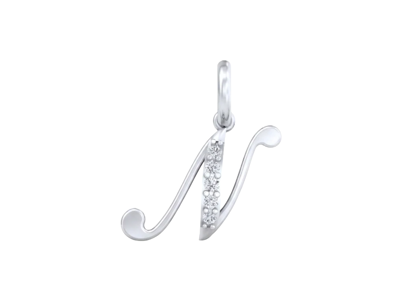 Silver pendant with letter 'N' design on a white background