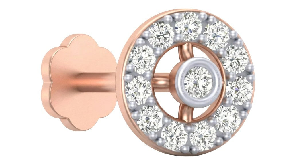 rose gold and diamond stud nose pin on a white background