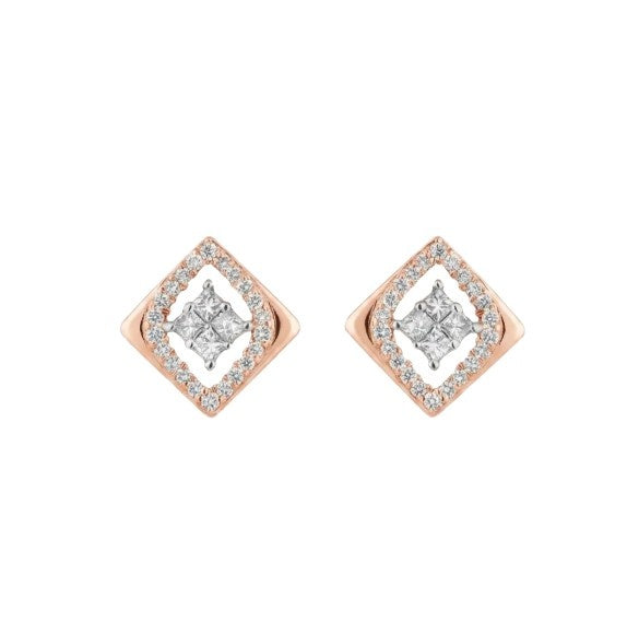 Rose gold and diamond stud earring with round-shaped on a white background.