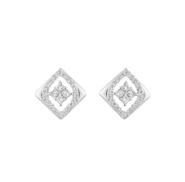White gold and diamond stud earring with round-shaped on a white background.