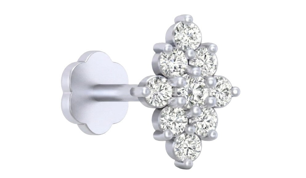 white gold and diamond stud nose pin with diamond-like stones on a white background