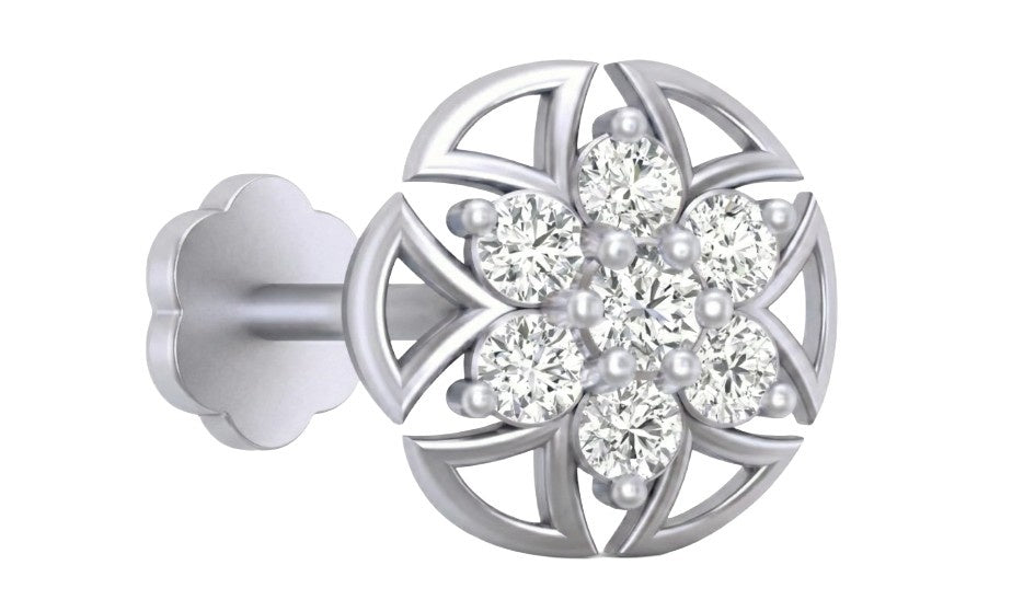 white gold and diamond stud nose pin with diamond-like stones on a white background