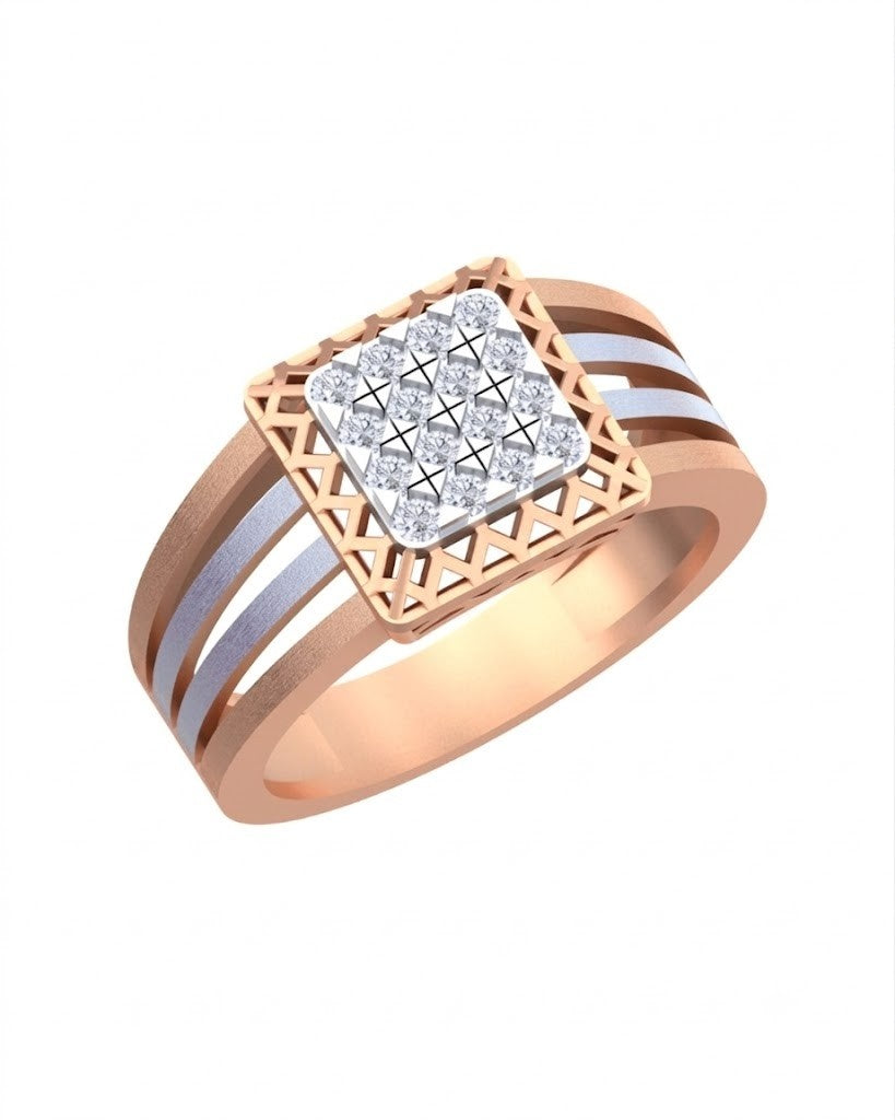 A rose gold ring with a square diamond cluster center, shown on a plain white background.