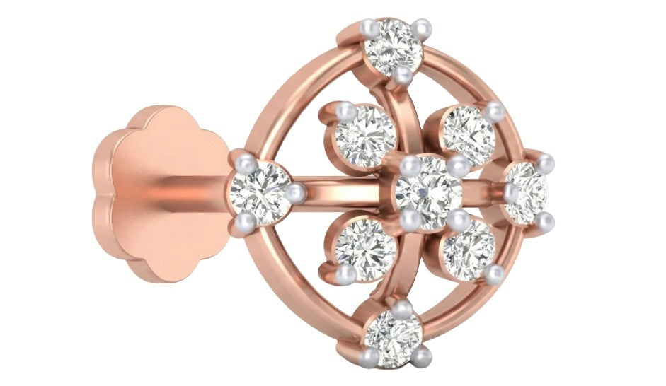rose gold and diamond stud nose pin with diamond accents on a white background