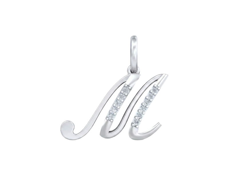 White gold pendant with letter 'M' design on a white background