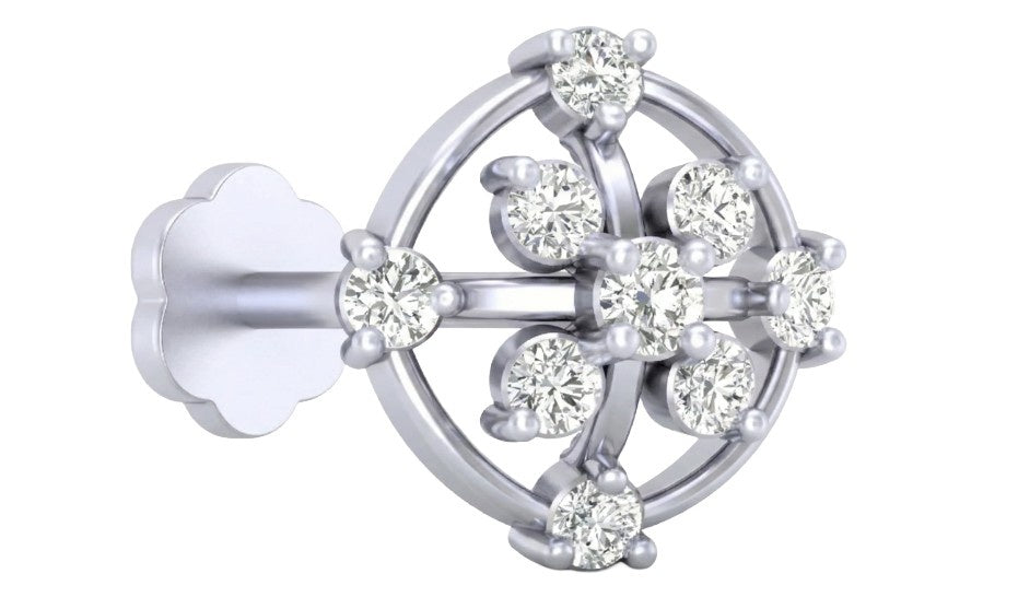 white gold and diamond stud nose pin with diamond accents on a white background
