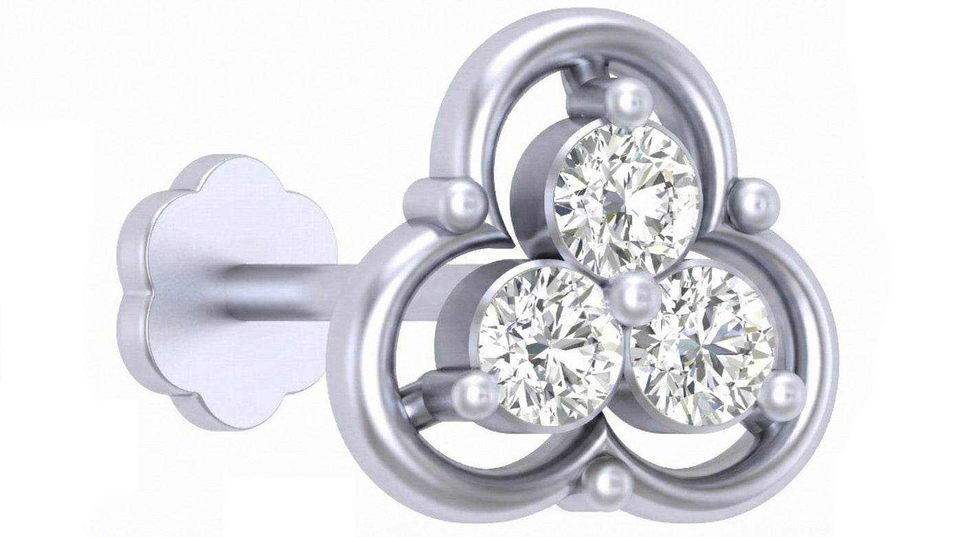 white gold and diamond stud nose pin with three diamonds on a white background