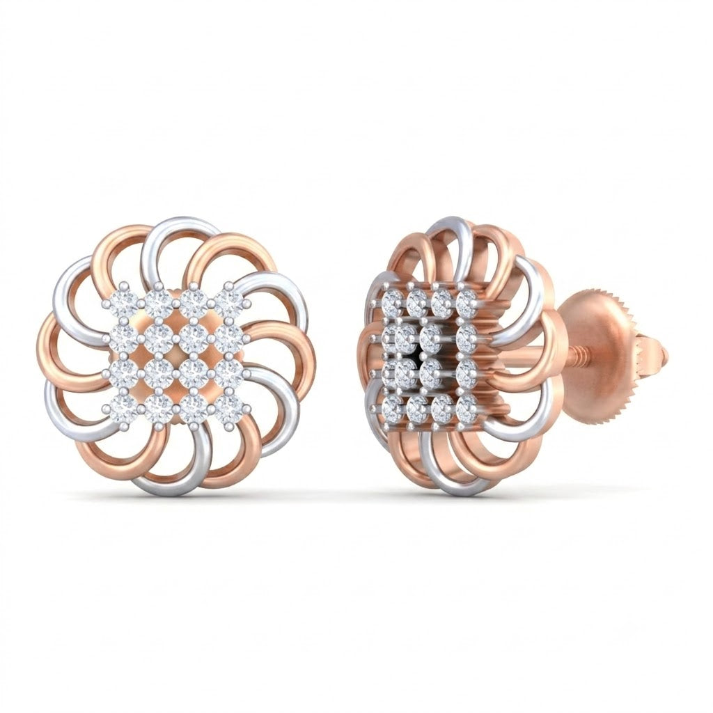 A pair of rose gold stud earrings with a central diamond cluster and a swirling
