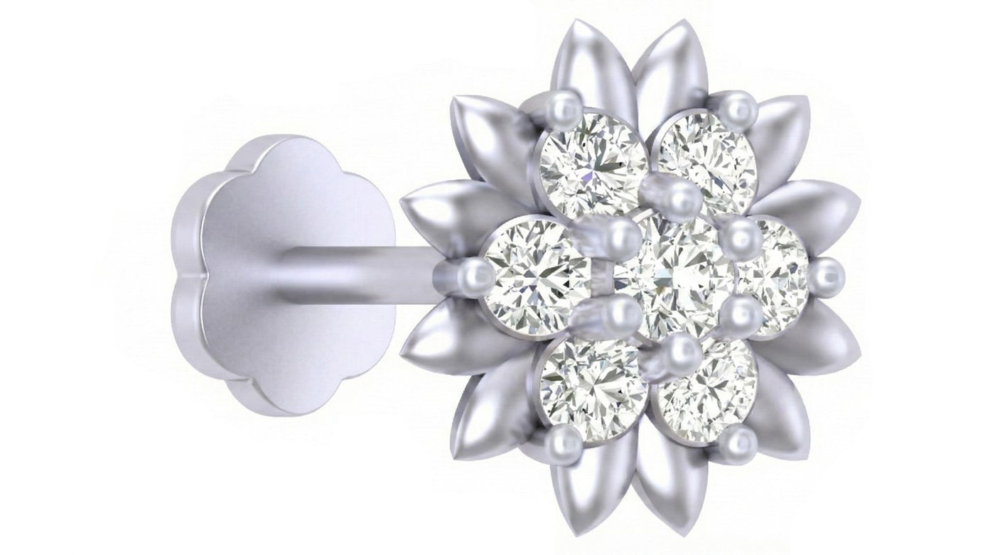 white gold and diamond stud nose pin with a circular design on a white background