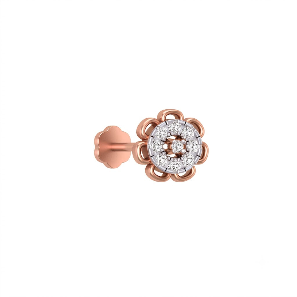 rose gold and diamond stud nose pin with diamond cluster on a white background