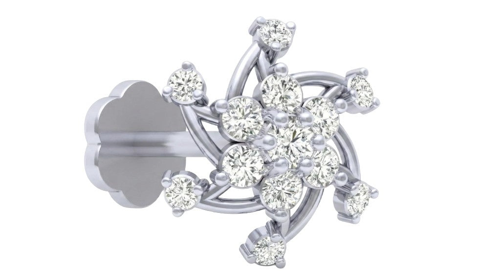 white gold and diamond stud nose pin with small diamonds on a white background