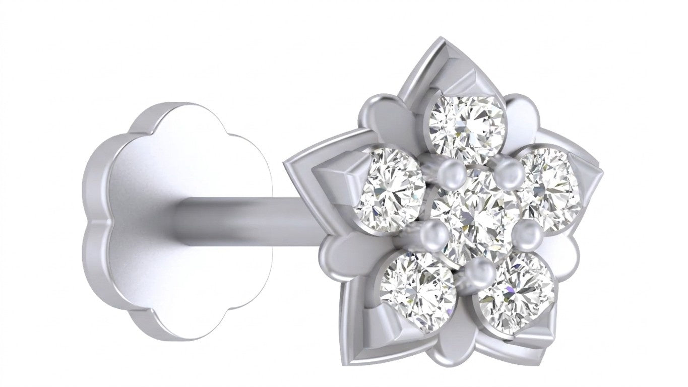 white gold and diamond stud nose pin on a white background