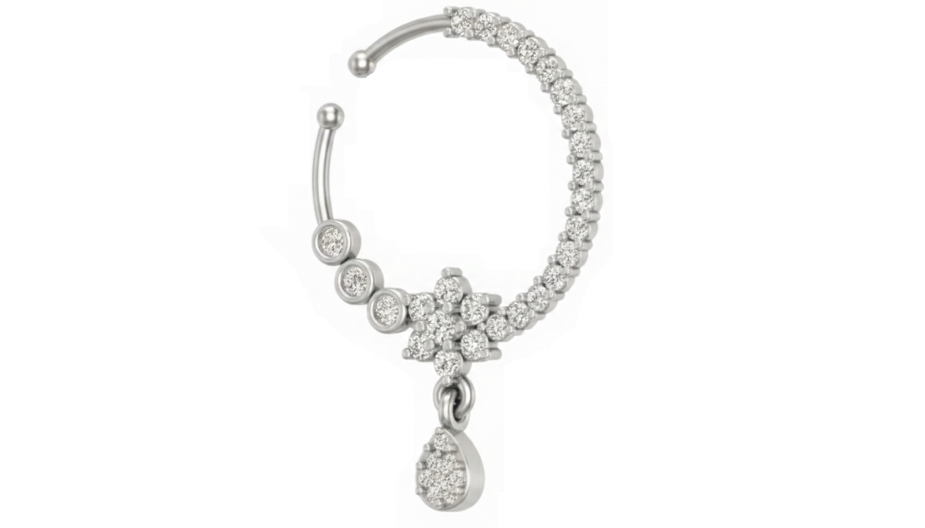 White gold and diamond nose ring with floral design and teardrop pendant on a white background