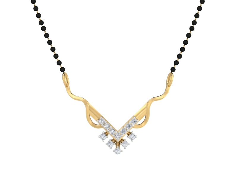 Yellow gold mangalsutra with black beads on a white background