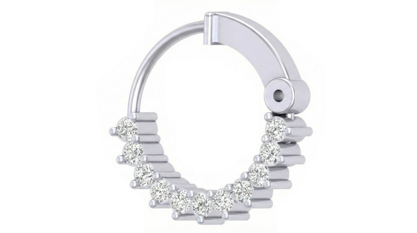 White gold and diamond nose ring with small diamonds on a white background