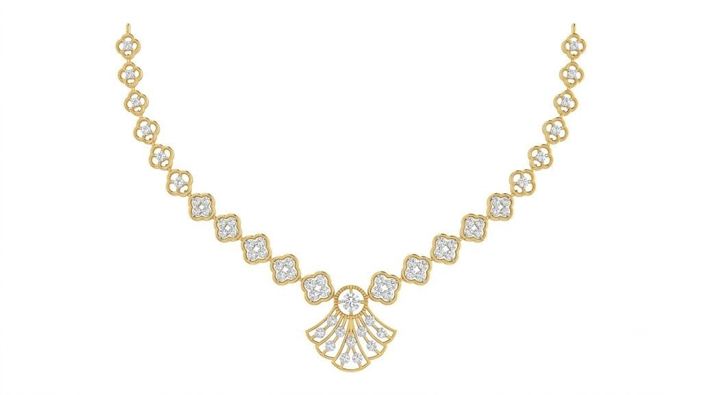 Yellow gold and diamond necklace on a white background.